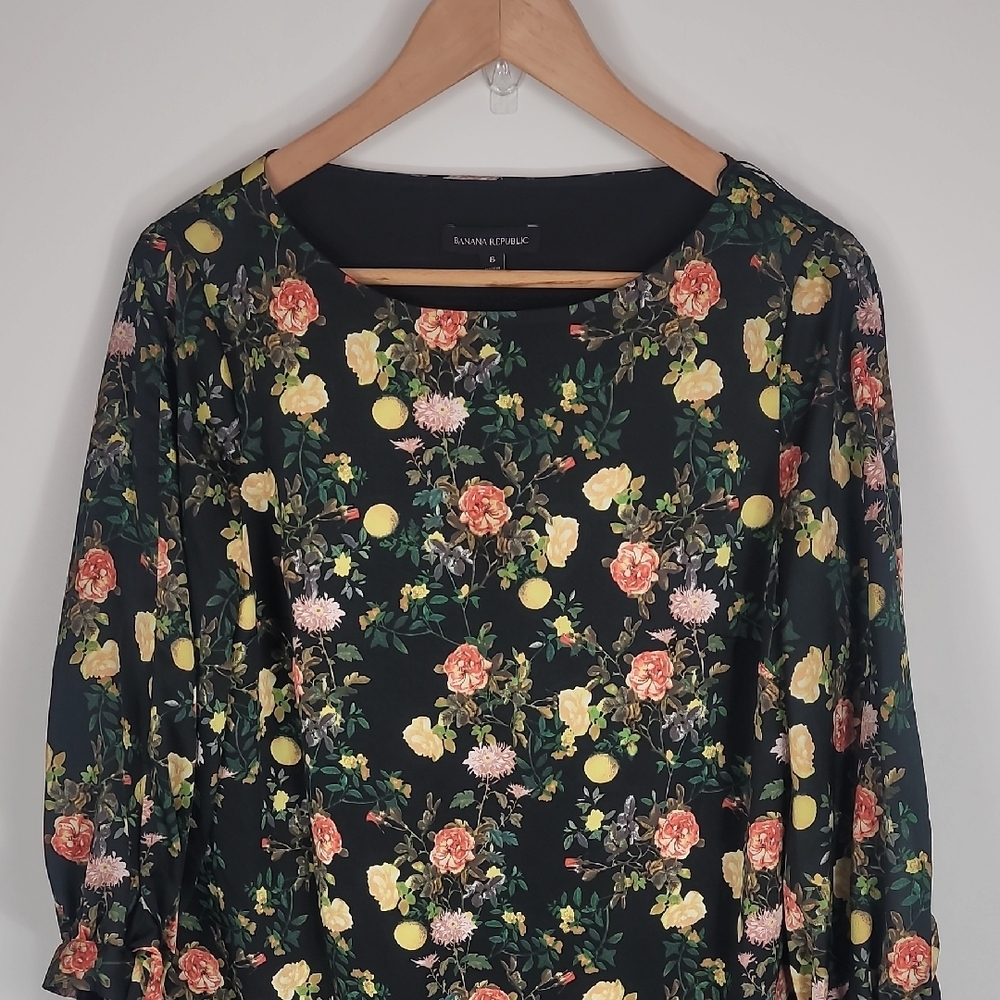 Banana Republic Black Floral Long Sleeve Dress